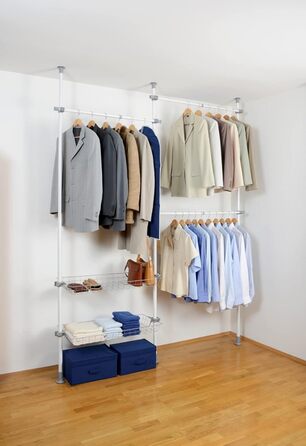 WENKO Telescopic System Hercules Duo, 3 Clothes Rails, 2 Storage Baskets, Extendable, Powder-Coated Metal, 164-215 x 165-300 x 38 cm, Matt (White, Single)