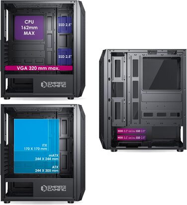 Корпус ПК EMPIRE GAMING Diamond для геймерів, ARGB, середній, ATX, з фасадом з алмазного плексигласу та скляною бічною панеллю, 4 вентилятори 120 мм RGB, (Ruby B)
