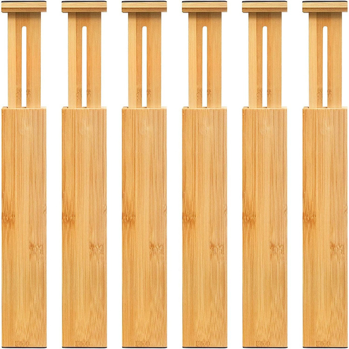 VaeFae Drawer Dividers Adjustable Bamboo, Expandable Drawer Organizer for Kitchen, Bedroom, Bathroom, Dresser, Spring-loaded Drawer Organization System, 6 Pieces