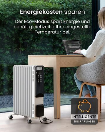 Розумний електричний масляний радіатор Pro Breeze 2500W, 11 секцій, з керуванням через Wi-Fi/App, термостатом, таймером на 24г та сенсорним дисплеєм, білий
