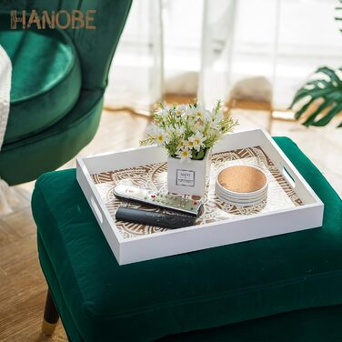 Hanobe Rectangular Wooden Tray Decor Serving Tray: Boho Decor Tray Flowers Wood Tray with Handle White Small Candle Trays Farmhouse Candle Tray for Coffee Table Tealight Kitchen Table