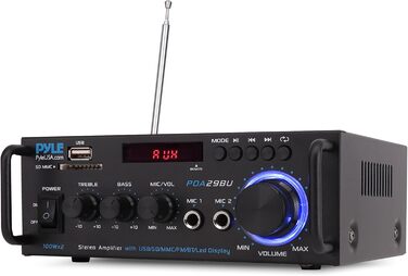Pyle підсилювач 200Вт, стерео Bluetooth, 2-канальний, RCA, USB, SD, MIC, FM-радіо, регулювання басу та високих, для дому, авто, студії, домашнього кінотеатру
