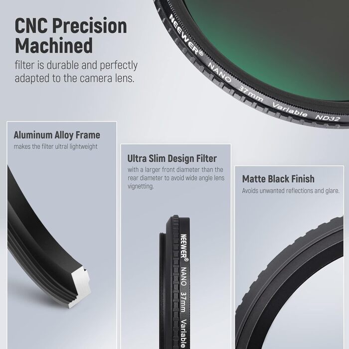 NEEWER Змінний ND-фільтр ND2-ND32 (1-5 ступенів затемнення) для камери, 37mm, HD скло, водонепроникний, стійкий до подряпин