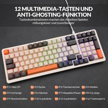 Механічна клавіатура Rii бездротова, геймерська Bluetooth, Tri-Mode 75%, QWERTZ, 20 режимів RGB-підсвічування (BT5.0 + 2.4GHz + кабель), Blue Switch