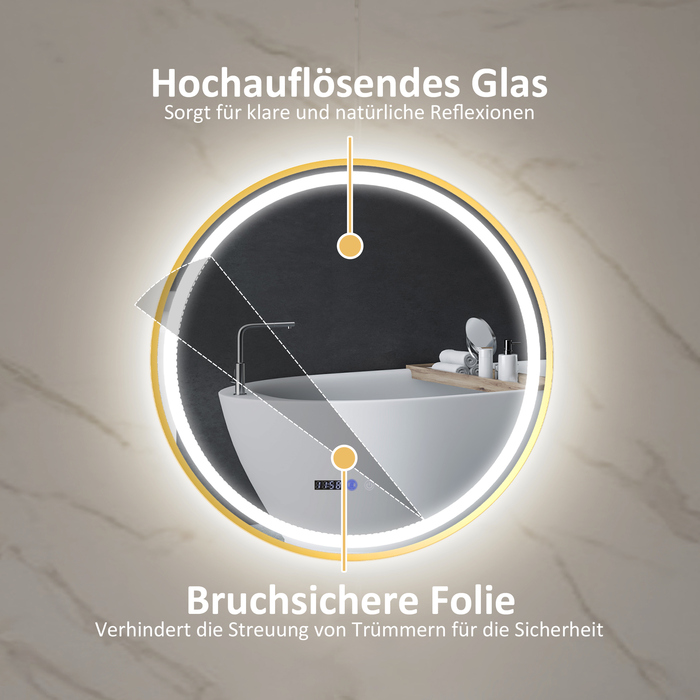 HOMCOM Round Bathroom Mirror with LED Lights, Anti-Fog Function, Touch Controls, and Display