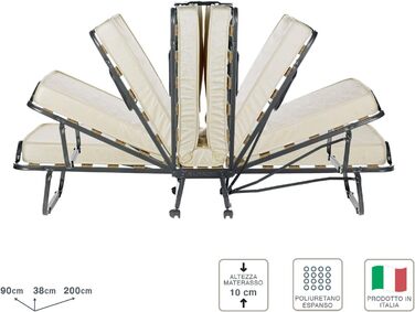 Розкладне ліжко Cortassa XL Comfort з матрацом з поліуретану, 90x200 см, з дерев'яним ламелевим дном, на колесах, висота 10 см
