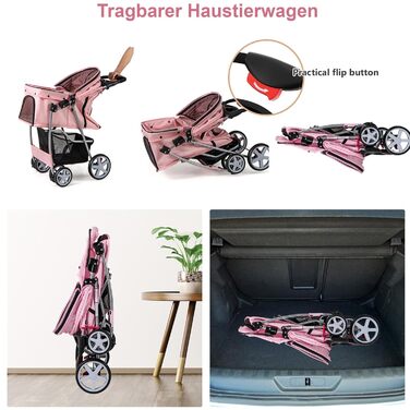 Собачий візок SOARS для тварин до 15 кг, розкладний, з сітковими віконцями, тримачем для напоїв та кошиком для зберігання, для маленьких тварин (Рожевий)
