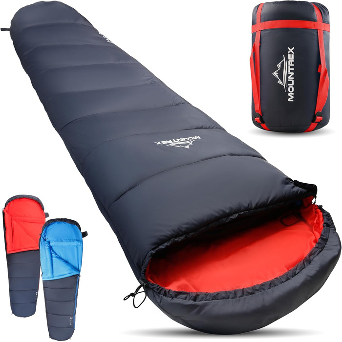 Сплячий мішок MOUNTREX® - компактний та ультралегкий (760г/1500г) - Outdoor (100GSM) / 3-4 сезони (300GSM) - Мумієвидний спальний мішок – кемпінг, подорожі, фестивалі – теплий та з'єднуваний (Темно-синій/Червоний)