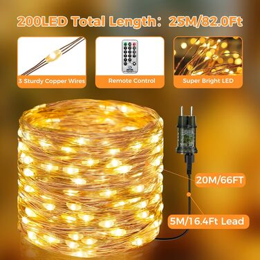 Льокогірлянда BTfarm 20M з 200 LED, тепле біле світло, з пультом, для дому та саду, 8 режимів, вологостійка, з таймером, для декору на Різдво, вечірку, весілля