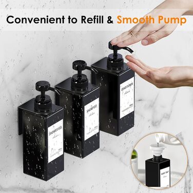Настінний диспенсер для мила Anhow 3er PETG, 500 мл, чорний, без свердління, з 16 вологостійкими етикетками для кухні/ванної кімнати