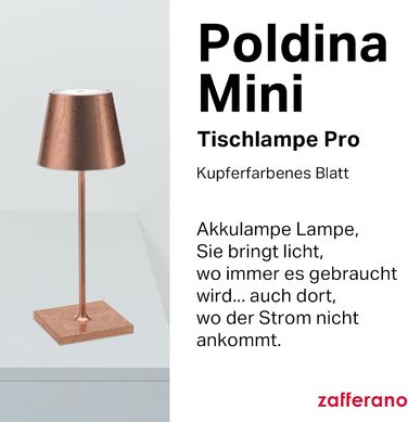 Зуффарано Poldina Pro Mini – Бездротова LED-лампа для дому та саду, торшер, сенсорне керування, регулювання яскравості, 30 см, колір мідь