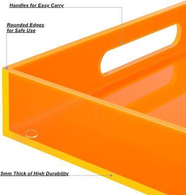 Large acrylic tray with handles, 43.2 x 33 cm, decorative serving platter for food, tea, dinner, snacks, meals, bar, party, neon orange