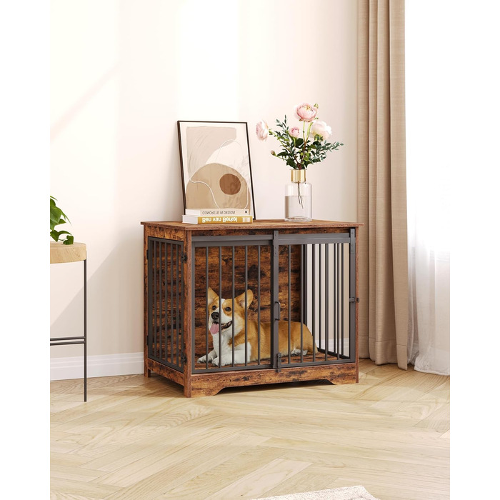 Hzuaneri Modern Wooden Dog Crate Furniture - Indoor Dog Box with Sliding Doors for Small/Medium Dogs - 81cm Height, 55x81x67.5cm, Vintage Brown DFC83601B