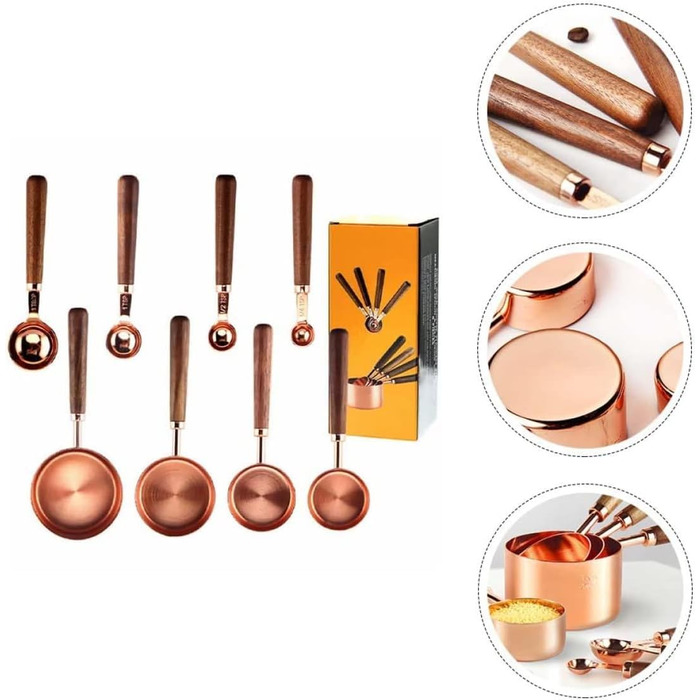 RiJpex Measuring Spoon, Pourer, Measuring Cup, 1 Set/4 Pieces, Gold-Colored Kitchen Utensil, Coffee Scoops, Utensils, Dessert Scoop, Ingredient Scale, Walnut Unit Scoop