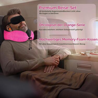Подушка для подорожей під шию з ефектом пам'яті (Memory Foam) для літака, авто та офісу, з 3D-маскою для сну та берушами, рожева