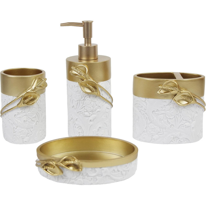 Набір аксесуарів для ванної кімнати Hymmah, золотий дизайн, 4 шт. (тримач для зубних щіток, мильниця, дозатор мила, Calla Gold)