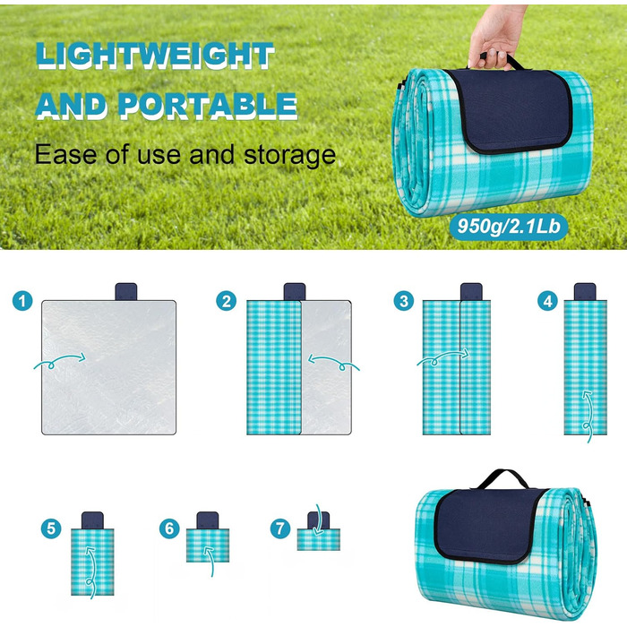 Килимок для пікніка SOMLAW водовідштовхувальний, великий, 200x200 см, для 4-6 осіб, з ручкою, ідеальний для кемпінгу та пляжу (Himmelblau Kariert)