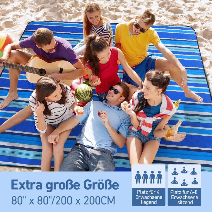 Водонепроникний плед для пікніка Boho 200x200см, XXL. Плед для пікніка, пляжу, кемпінгу, з бавовни, пісконепроникний, пральний, туристичний. Синій у смужку