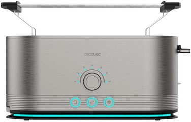 Cecotec Shine&Toast Extra Double stainless steel vertical toaster. 1400W, capacity for 4 slices, 3.8 cm wide slots, illuminated ring, 7 browning levels, upper bread rack.