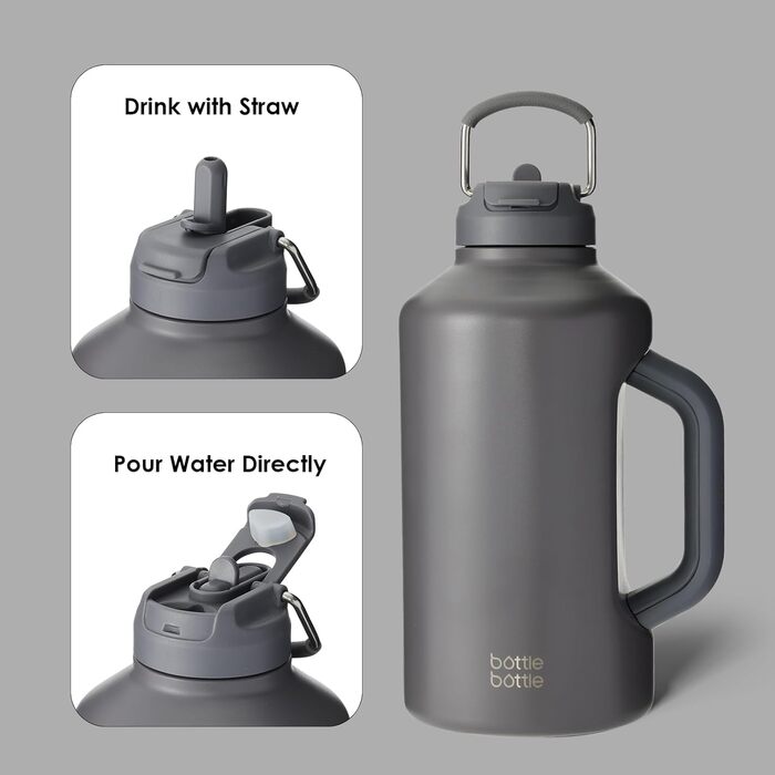BOTTLE BOTTLE Insulated Water Bottle with Straw and Double Lid, Stainless Steel Sports Water Bottle for Men, with Handle, Vacuum Stainless Steel, for Workout and Sports, 1.8L (Gray)