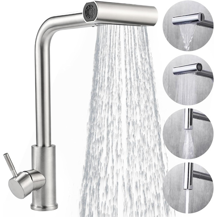 Кран кухонний висувний Cieex, 360° поворот, 4 режими, з душем, нержавіюча сталь, сріблястий