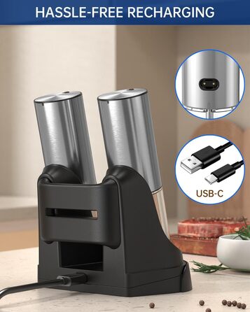 Електричні соляні та перечні млини CIRCLE JOY з нержавіючої сталі з підставкою, 95 мл, біле LED-підсвічування, регульована ступінь помелу, срібні