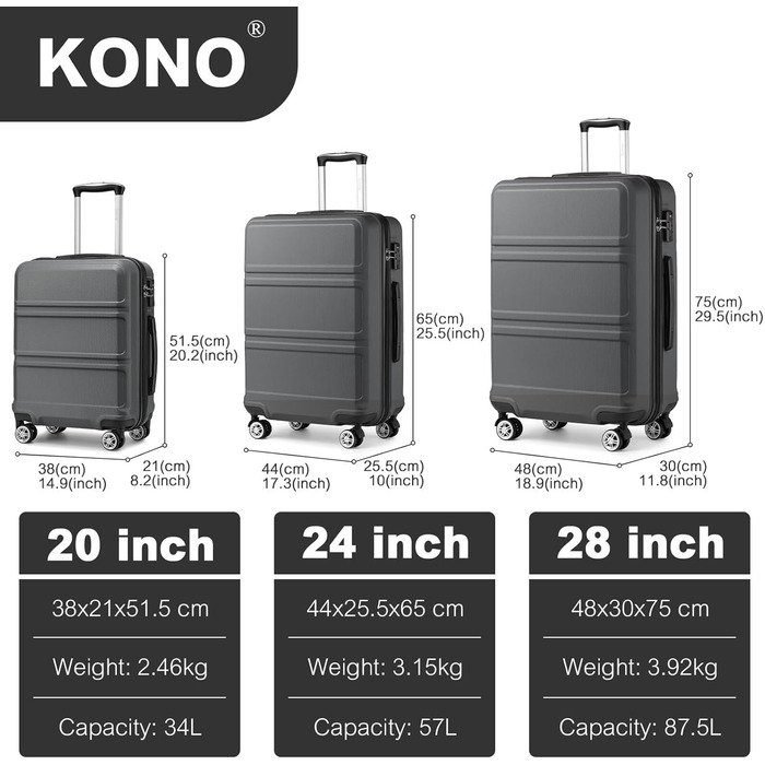 Валіза KONO 24 дюйми з TSA-замком, 4 колеса, ABS, 65×44×25.5 см, кремово-білий (сірий), 3-частинний набір