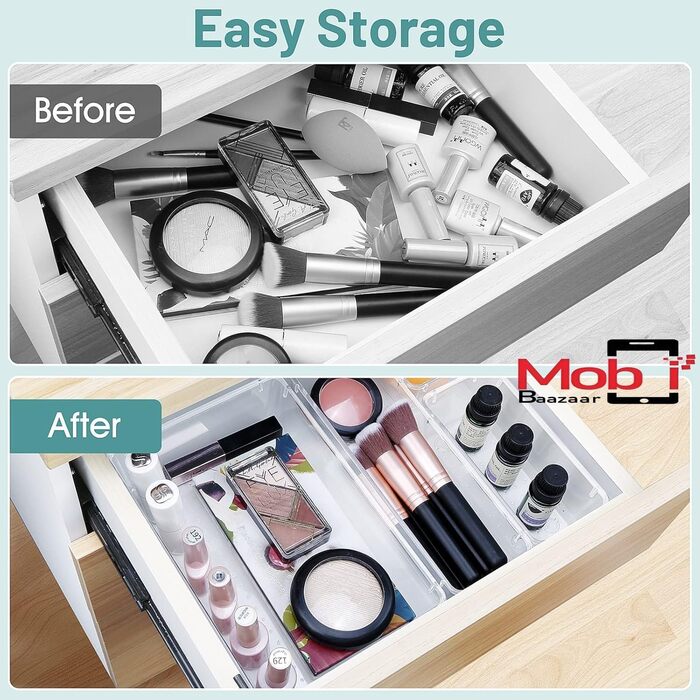 WOWBOX 4-Piece Plastic Drawer Organizer Set, 4 Sizes, Desk Drawer Dividers, Organizer and Storage Containers for Makeup, Jewelry, Bathroom, Office (Transparent, 13)