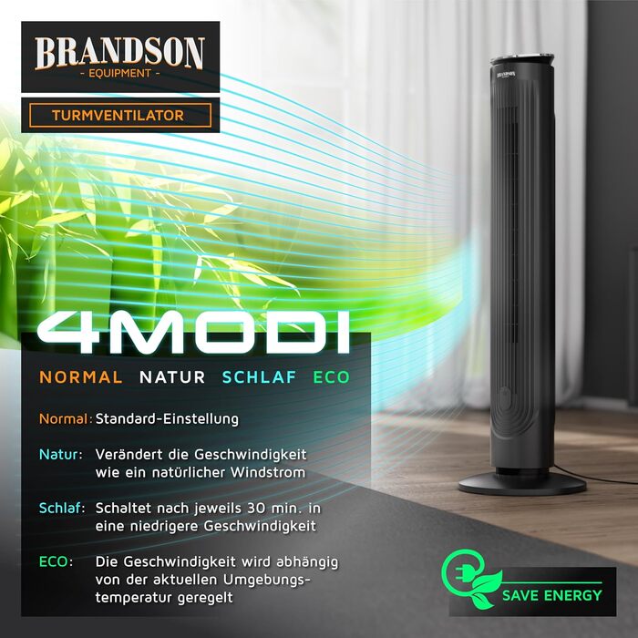 Вентилятор Brandson з дистанційним керуванням, арома-відсіком, тихий, з осциляцією, таймером, 4 режими, 5 швидкостей, LED дисплеєм, чорний