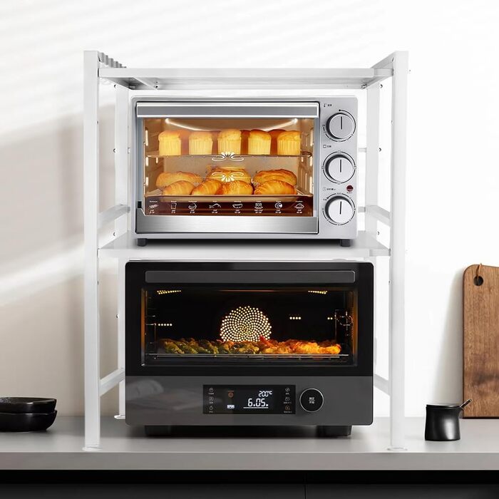 Поличка для мікрохвильової печі, 3 яруси, органайзер з гачками, розширювана, 40-64 см, з вуглецевої сталі, білий