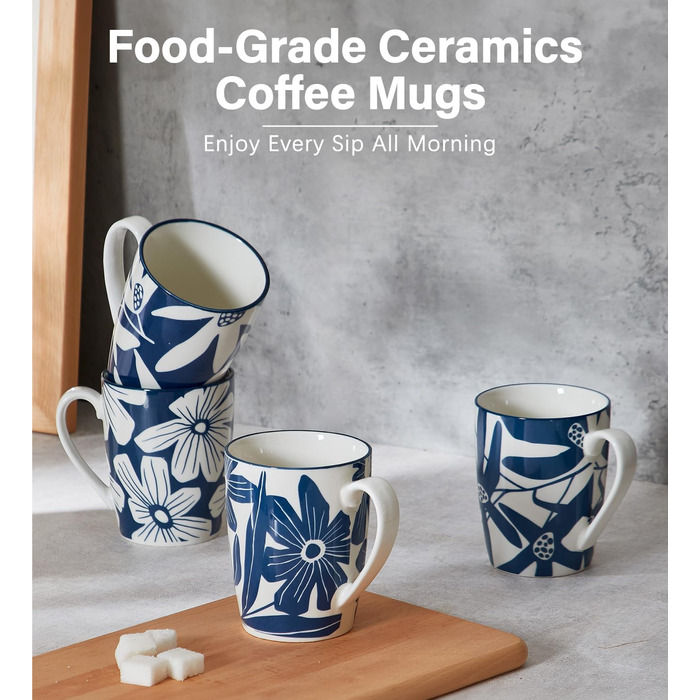 ONEMORE Coffee Mug Set of 4, 355 ml, Porcelain Coffee Cup with Handles, Blue Ceramic Mug for Latte, Cappuccino, Tea, Hot Chocolate, Microwave Safe, Dishwasher Safe, Scratch-Resistant