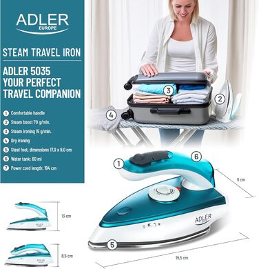 Подорожній праска Adler Europe Mini 1700W з нержавіючою підошвою, 60 мл резервуар та 1,94 м кабелем