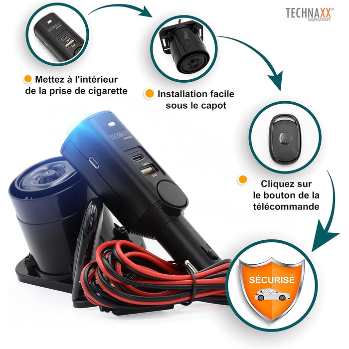 Сигналізація Technaxx TX-168 для авто, будинку, човна – 105 дБ, зовнішня сирена, кнопка тривоги, PIR-датчик руху, 2 USB, автономна робота 7 днів, легкий монтаж