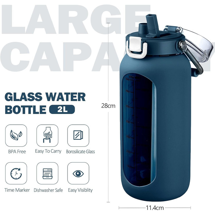 BLUEGO 2000ml Glass Water Bottle with Stainless Steel Handle and Time Marker 2L Motivation Glass Dryer with Silicone Sleeve and Straw for Gym, Office, Outdoors, Sports, BPA-free Water Bottles, Dark Blue