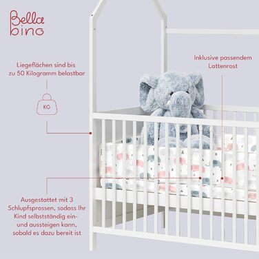 Bellabino Nika Babybett in House Style 70 x 140 cm, crib and house bed for children and babies made of solid pine wood in white, 3-fold height adjustable including slatted frame
