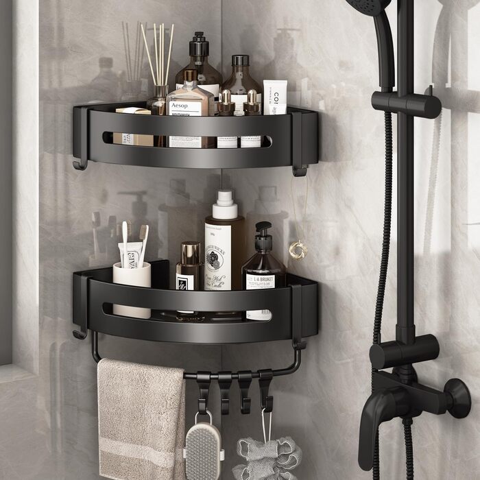 FOXWHALE Shower Shelf No Drilling, Corner Shower Rack Black, 2 Pack Triangle Shower Basket, Bathroom Shelf Bathroom Rack, Shower for Bath Kitchen Toilet Shampoo and Shower Gel (Triangular)