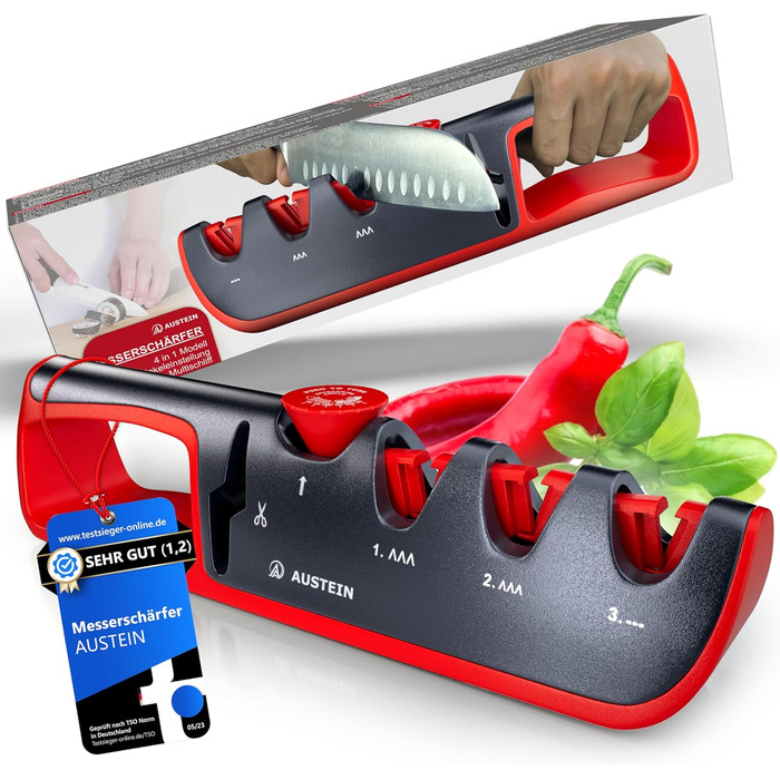 Точилка для ножів AUSTEIN QuickSharp 4-в-1: професійне заточування та шліфування (червона)