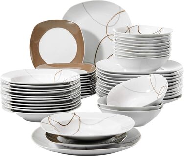 VEWEET Набір посуду 'Нікіта' з порцеляни, 24 елементи | Сервіз включає миски, десертні тарілки, тарілки для їжі та супові тарілки | Сервіз для 4-12 осіб (48-елементний набір посуду)