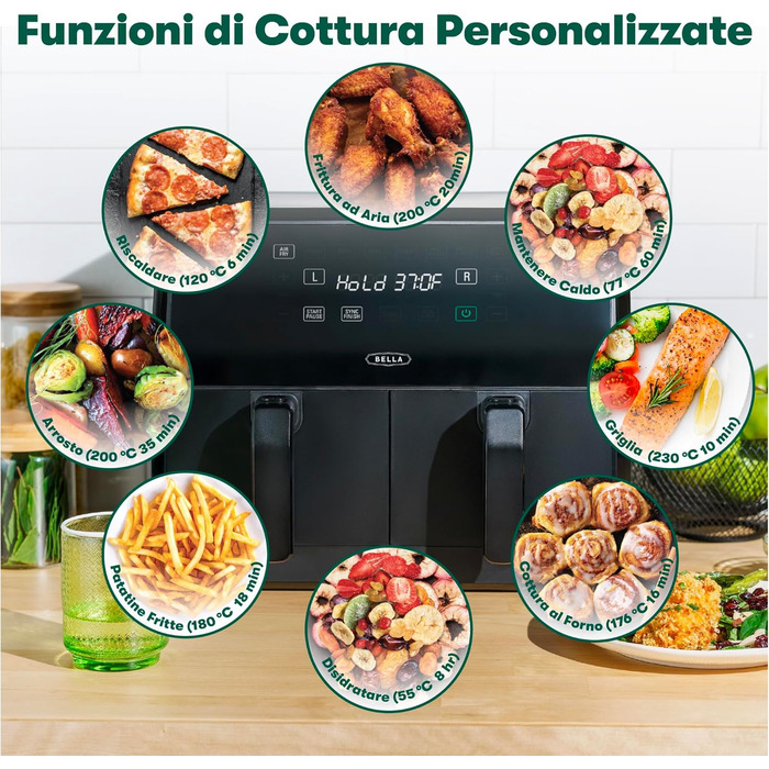 Фритюрниця аерофритюрниця Bella 8L з двома кошиками, сенсорним екраном, 8 функціями, регулюванням температури, таймером, антипригарним покриттям, 1700W, чорна