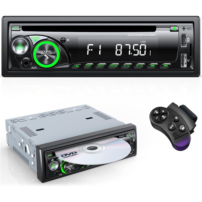 1DIN автомобільна магнітола 9-24V з CD/DVD, Bluetooth, RDS, FM/AM, MP3, 2 USB, SD, AUX, керування з керма, 7 кольорів, зелена