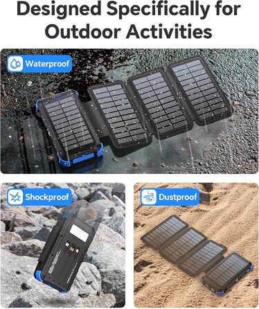 Powerbank Solar 26800mAh з USB-C, 5 виходів, водонепроникний, з карабіном та ліхтариком, для кемпінгу, телефонів та планшетів (блакитний)