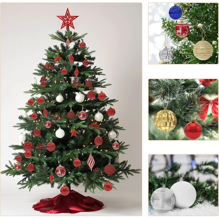 Набір 108 шт. новорічних кулічок Aufun Premium: пластик, верхівка, зірка, безпечні прикраси, багаторазові, кольори: шампань, червоний, срібний