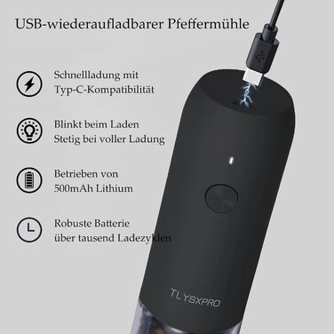 TLYSXPRO Salt and Pepper Grinder Electric 2-Piece Set, USB Rechargeable, Adjustable Coarseness Spice Grinder, Electric Pepper Grinder with LED Light, Electric Pepper Grinder, Kitchen Gadgets