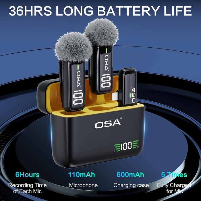 OSA Бездротовий петличний мікрофон: професійний комплект з двома мікрофонами, Plug-and-Play, для iPhone, Android, камери, ПК, з зарядним кейсом