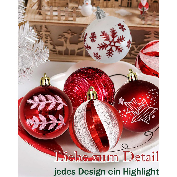 Набір прикрас на ялинку 40 шт. червоно-білі, 6 см, пластикові, з підвісками, небрудні, різноманітні поверхні та візерунки, для внутрішнього та зовнішнього використання