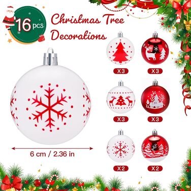 Набір прикрас на ялинку 16 шт. 6 см, пластикові кулі, червоно-білі, міцні, з кріпленням, для декору ялинки в приміщенні та на вулиці