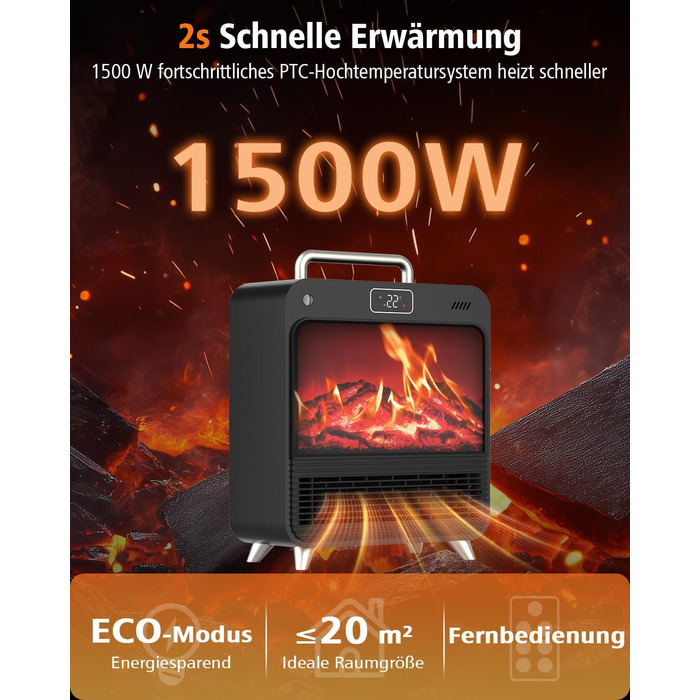 Електричний обігрівач 1500W з термостатом та таймером, тихий (34dB), захист від перегріву та перекидання, з пультком, чорний та срібний