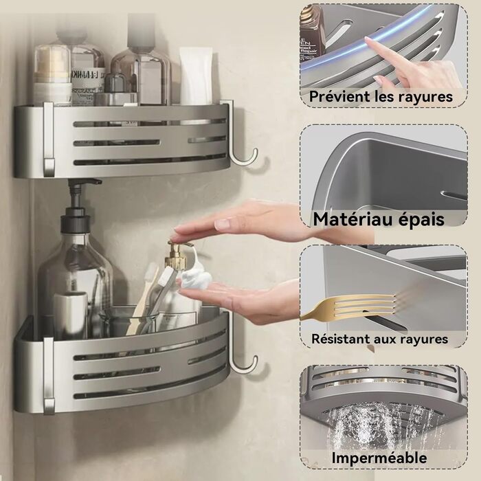 Поличка для душу без свердління - органайзер для ванної кімнати. Етажерка для душу та ванни з 4 гачками. Міцна алюмінієва поличка, водонепроникна з високим бортиком (Сірий)