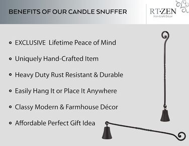 RTZEN - Décor Candle Snuffer with Long Handle, Black Wrought Iron Candle Snuffer, Easily Extinguish Any Candle in Dining Room, Kitchen, Bathroom or Spa, Handmade Authentic Unique Gift