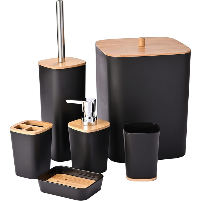 Yorkmills 6-Piece Bamboo Bathroom Accessory Set, Bathroom Accessory Set, Bathroom Trash Can and Toilet Brush Set, Modern Trash Can, Toothbrush Holder Cup, Soap Dish Holder